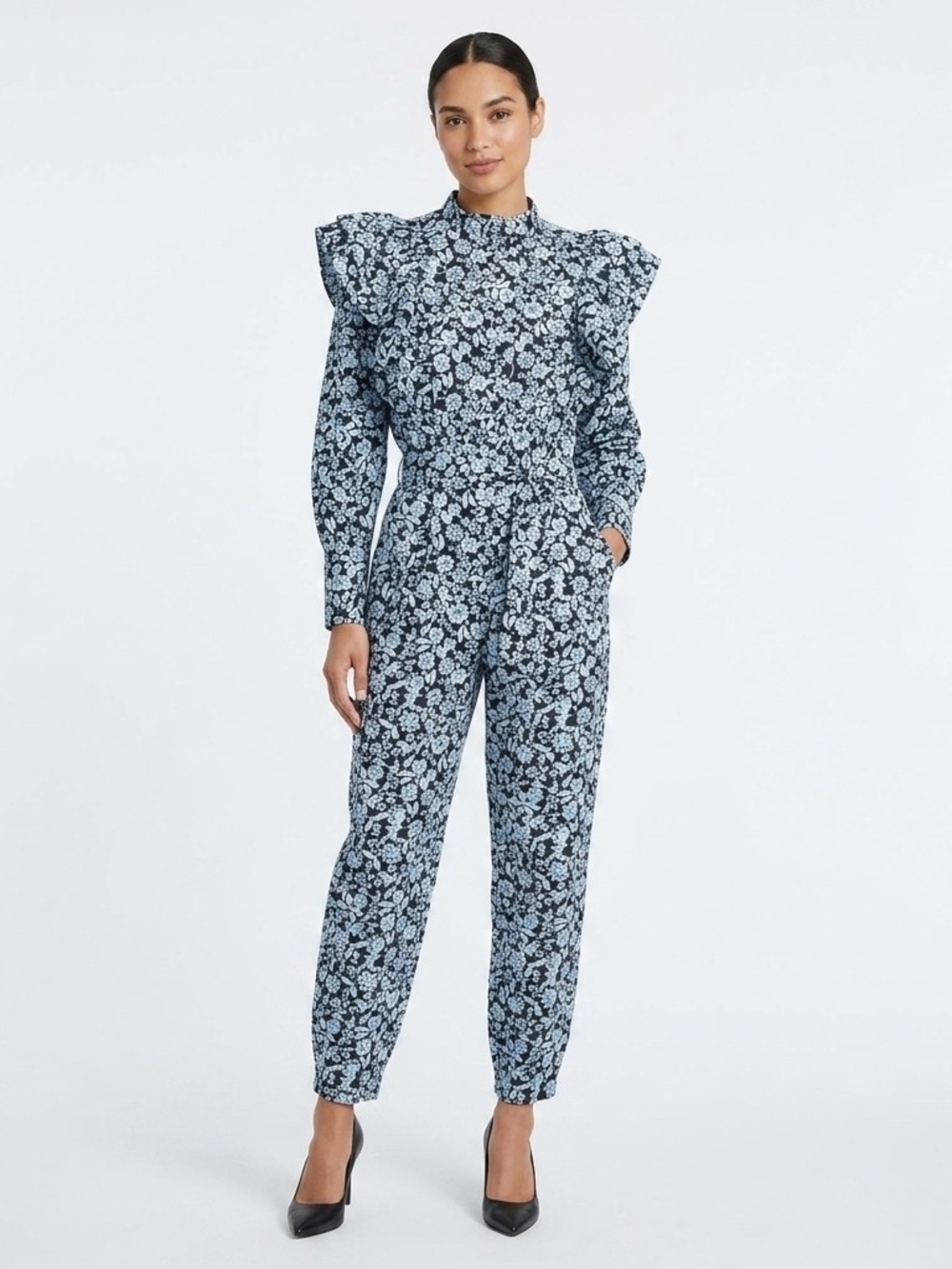 Zara Navy Floral Print Ruffle Shoulder Long Sleeve Jumpsuit Size S 100% Cotton